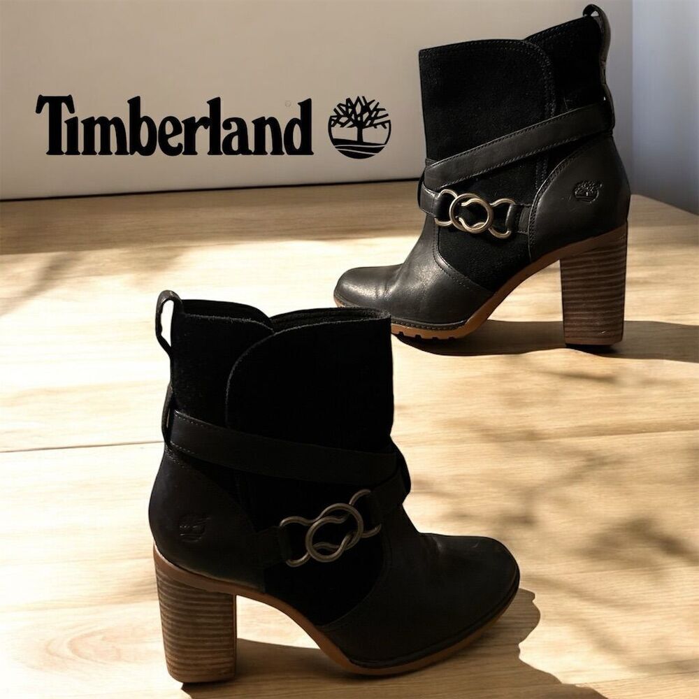 Timberland Women's Dennett Black smooth Leather Suede Ankle Boots Buckle Detail
